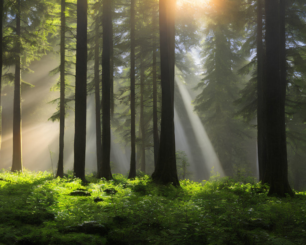 Forest canopy sunlight illuminating mist and green foliage