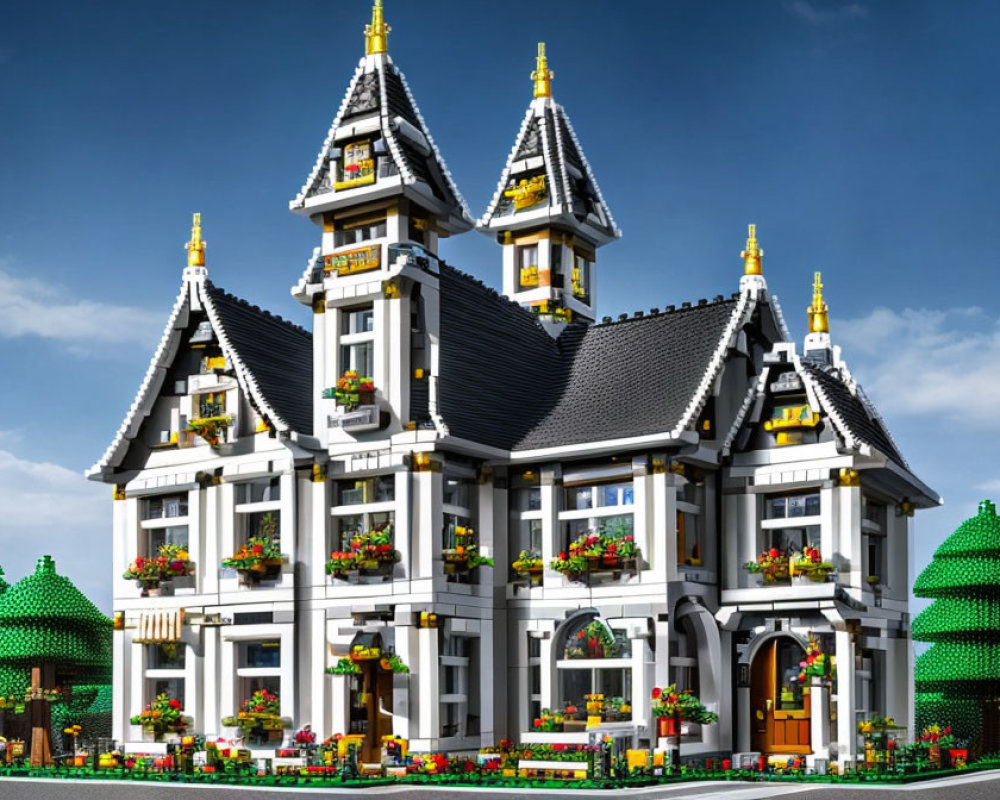 Detailed LEGO model of Victorian-style house with intricate rooflines, flower-filled balconies, and landscaped