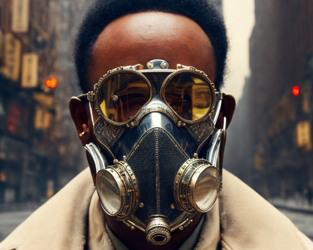 Afro person in gas mask and steampunk goggles on foggy city street