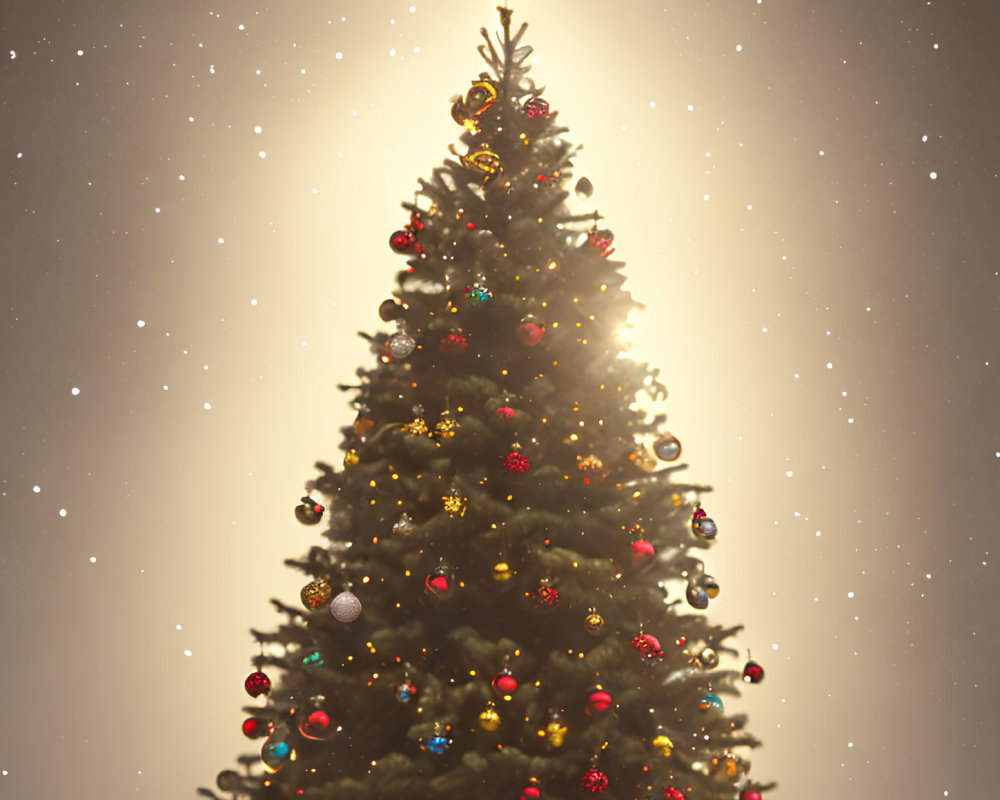 Decorated Christmas tree with warm lights in snowy setting