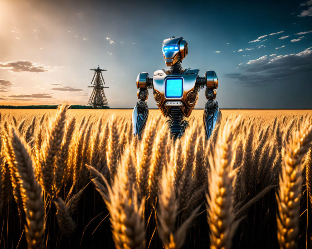 Blue-headed robot in wheat field under dramatic sky