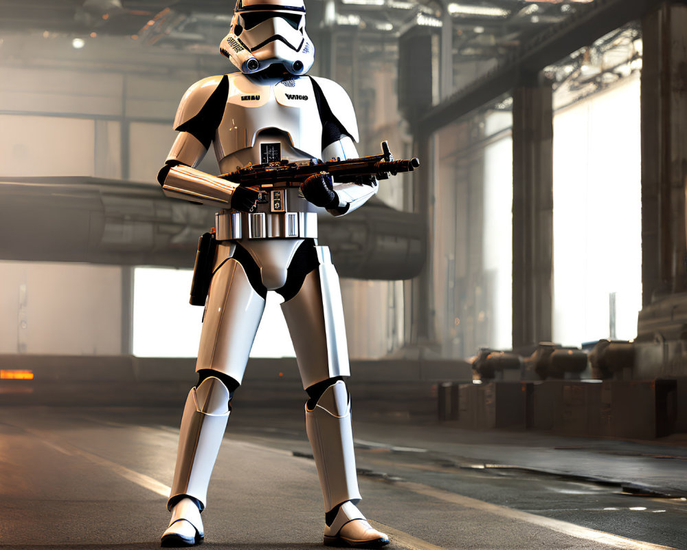 Stormtrooper with blaster in industrial setting under sunlight.