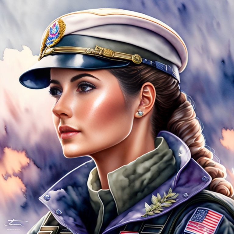 Digital artwork of woman in military uniform with cap and American flag patch against cloudy sky.