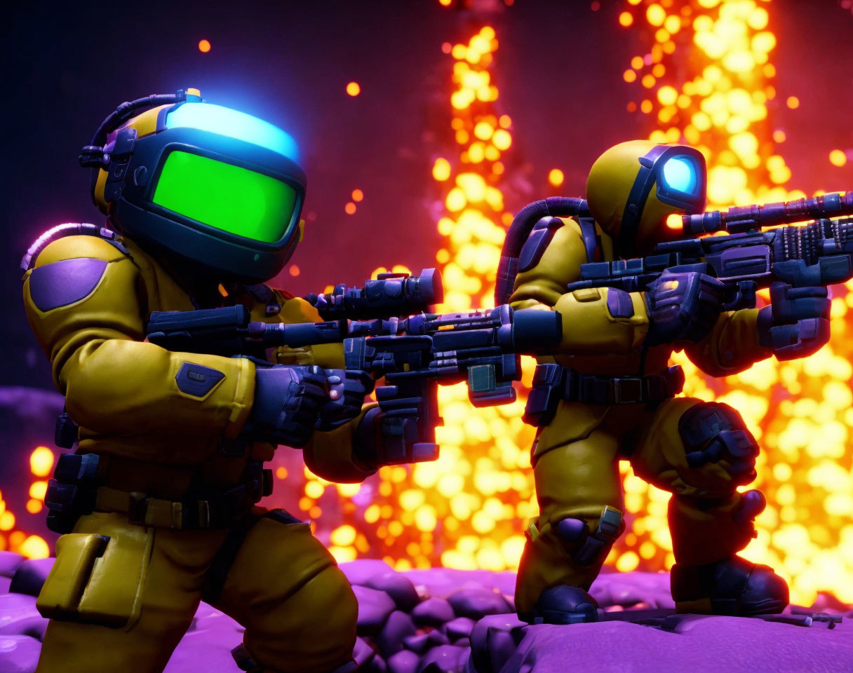 Futuristic yellow armored characters with rifles in explosive backdrop