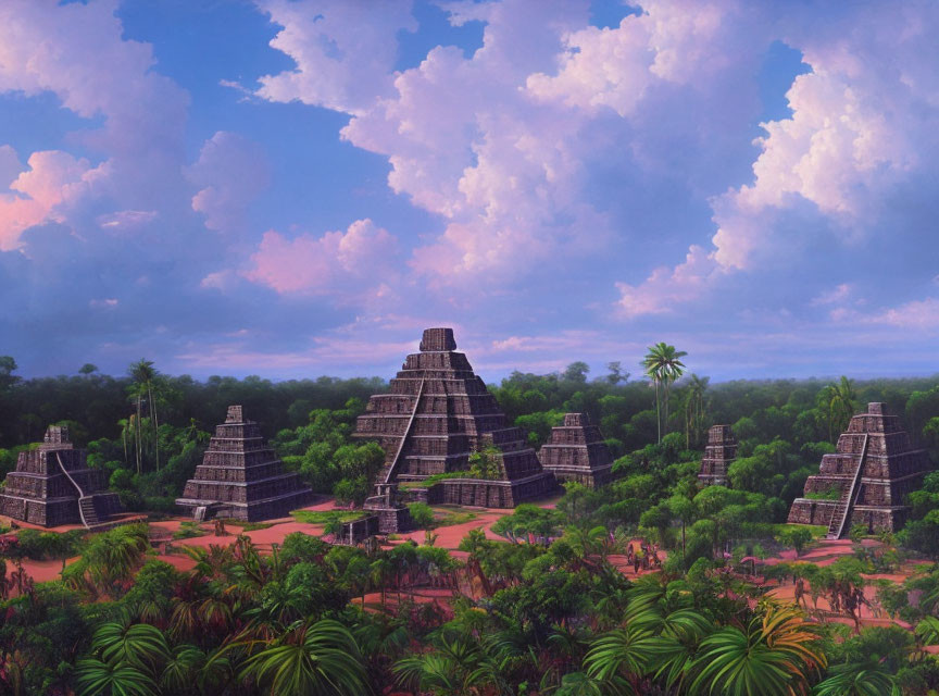 Mayan pyramid temples in lush jungle setting