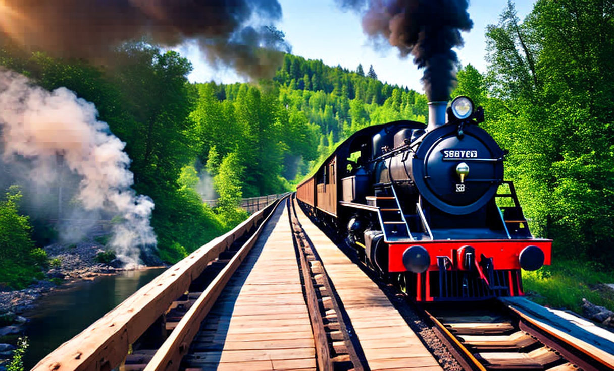 Vintage Black Steam Locomotive 9867 Crossing Railway Bridge in Green Landscape