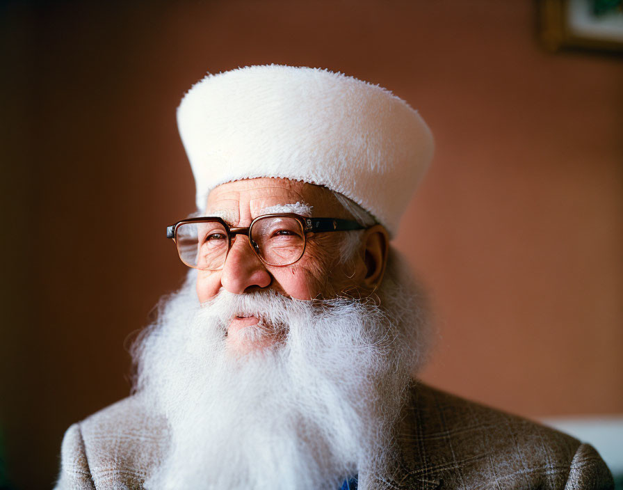 Elderly man with long white beard, glasses, and tall hat portrays wisdom.