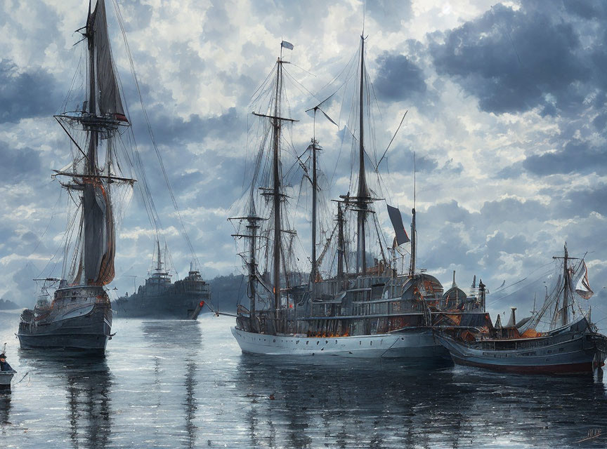 Historic tall ships with billowing sails in serene harbor under dramatic sky.