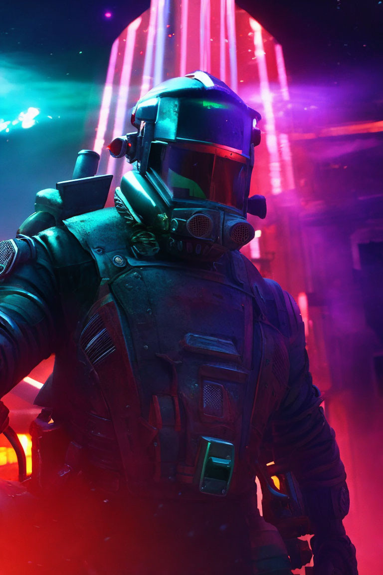 Futuristic armor-clad person in neon lights and purple smoke