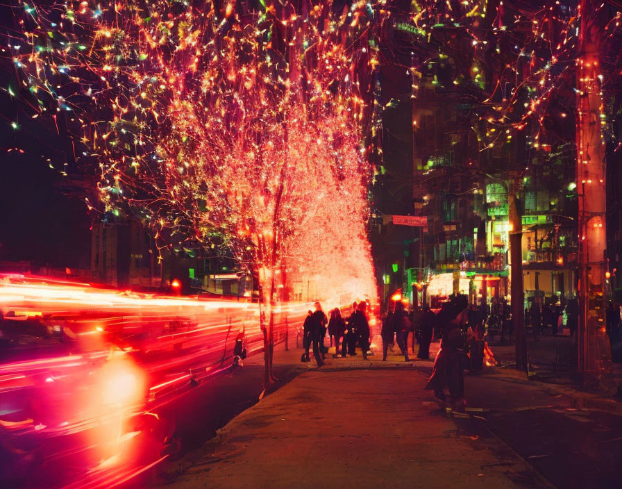 City street at night with pink fairy lights, motion blur of vehicles and pedestrians