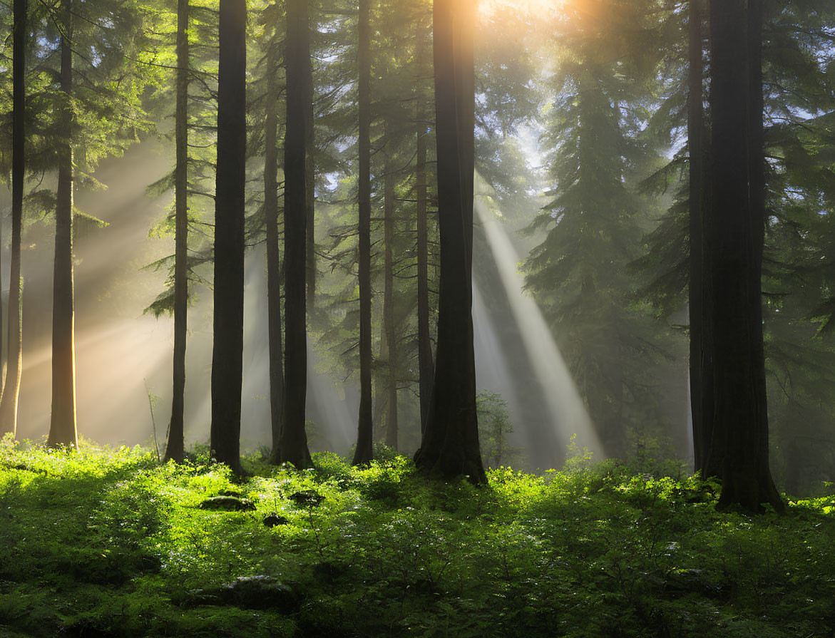 Forest canopy sunlight illuminating mist and green foliage