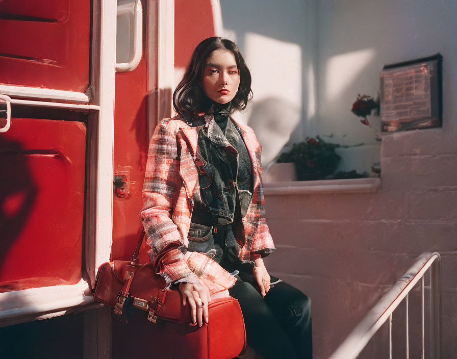 Woman sitting on steps by red door in sunlight with plaid jacket, denim vest, and red bag