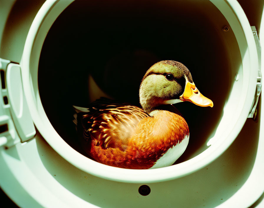 Curious duck inside open washing machine