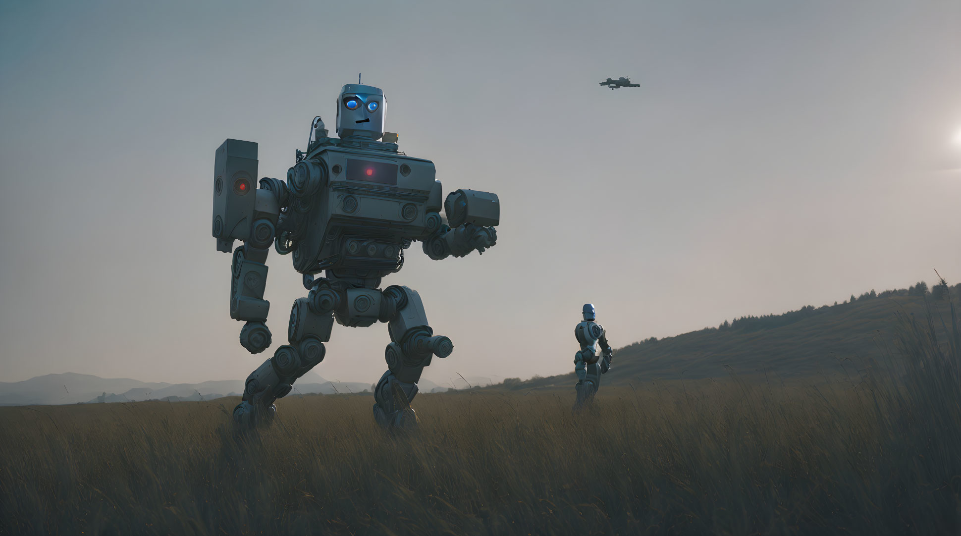 Blue-faced humanoid robot walks with smaller robot in grassy field under sunny sky