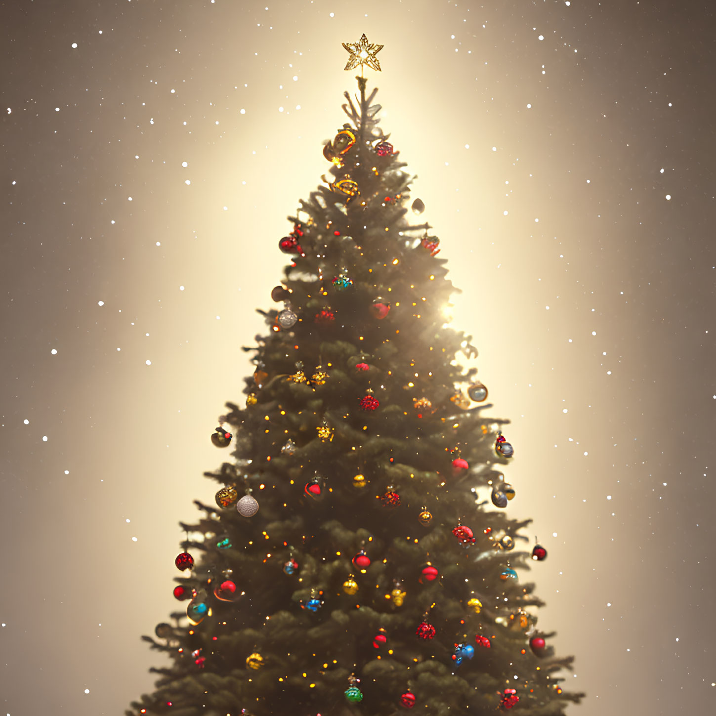 Decorated Christmas tree with warm lights in snowy setting