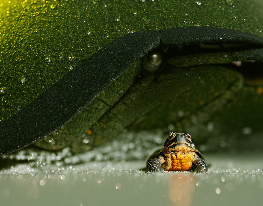 Turtle peeking from under green leaf near water surface