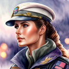 Digital artwork of woman in military uniform with cap and American flag patch against cloudy sky.