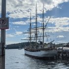 Person on Pier Viewing Majestic Sailing Ships in Foggy Harbor