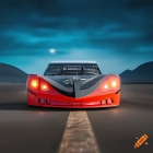 Orange sports car on center line of tranquil road with mountains and clear sky at dusk