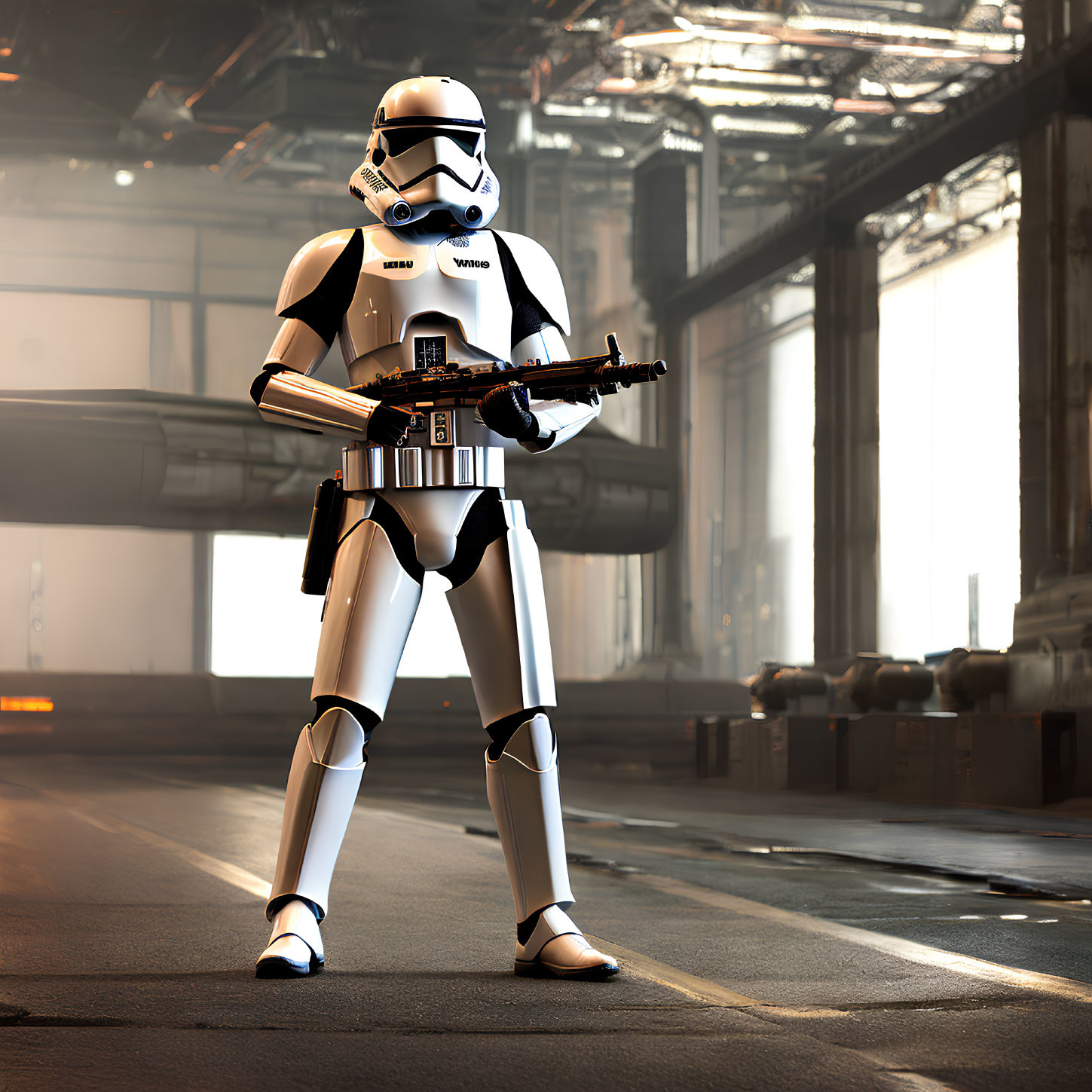 Stormtrooper with blaster in industrial setting under sunlight.