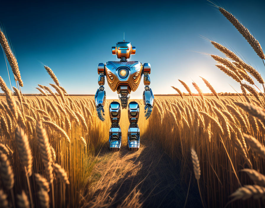 Futuristic robot with blue and orange accents in golden wheat field