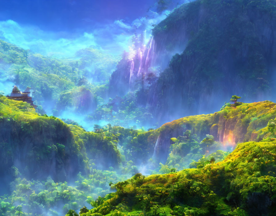 Misty waterfalls, lush greenery, cliffs, and a pagoda in serene valley.