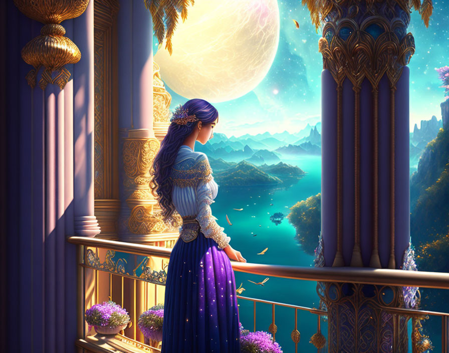 Medieval woman in dress on balcony overlooking fantasy landscape with mountains, lake, boats, and moon.