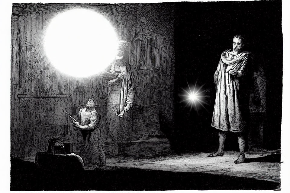 Monochrome illustration of robed figure with luminous orb in dark room