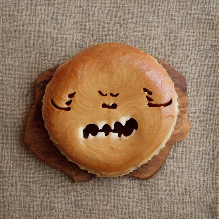 Angry face design pie on wooden board with beige cloth background