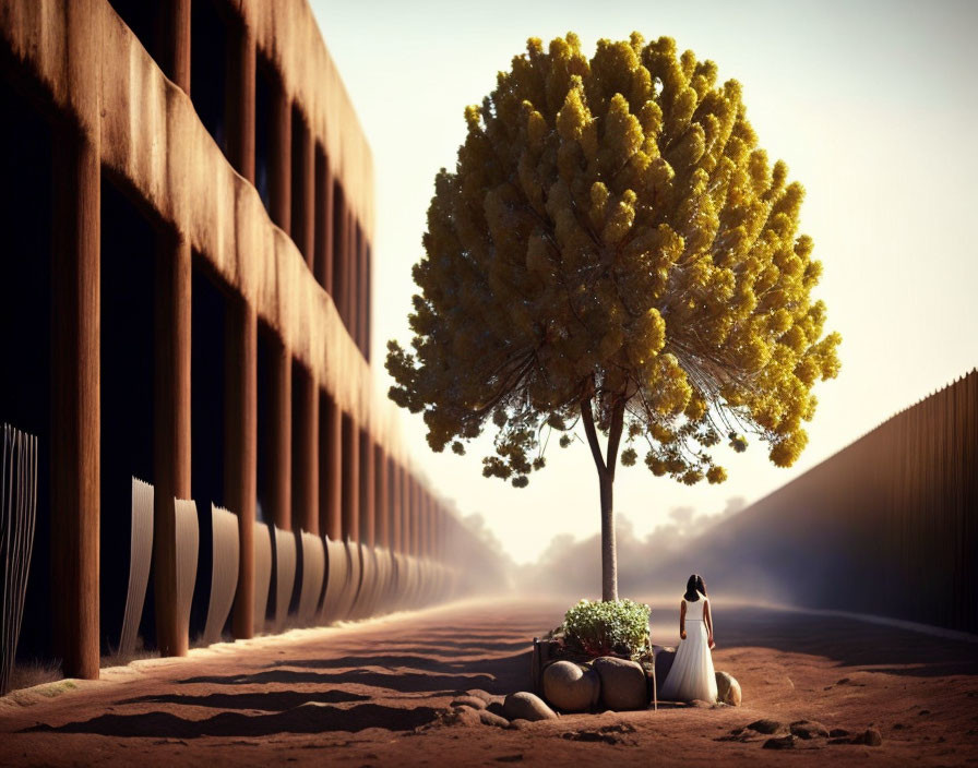 Woman in white dress near vibrant tree in surreal landscape with monolithic walls.