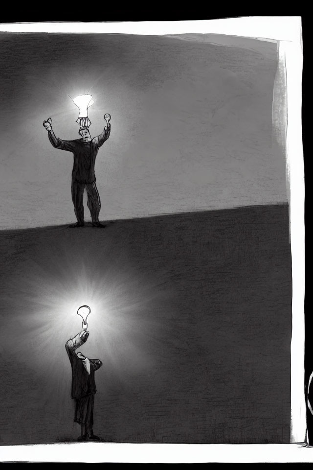 Metaphorical illustration of two individuals with light bulbs above their heads