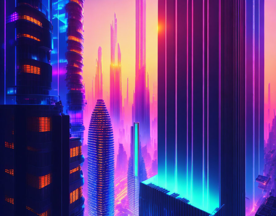 Futuristic neon-lit cityscape with skyscrapers and gradient sky