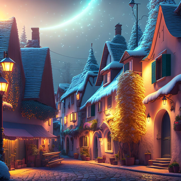 Snow-covered cottages in cozy winter village night scene