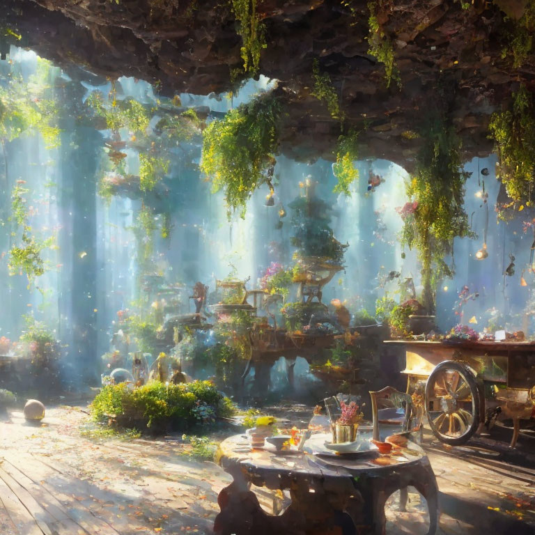 Sunlit Indoor Garden with Waterfalls, Plants, Tea, and Books