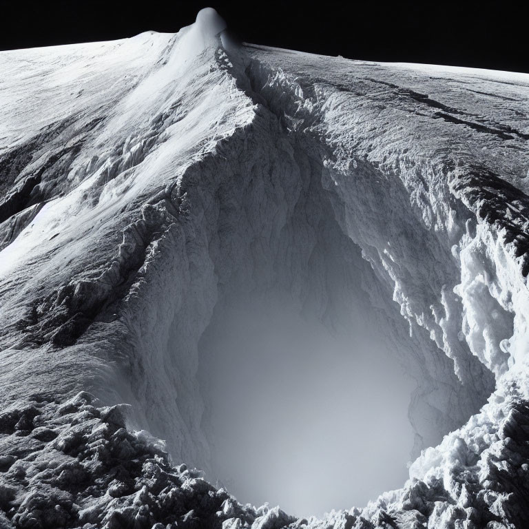 Snowy Volcano Crater with Rugged Rim and Dark Rocky Slopes