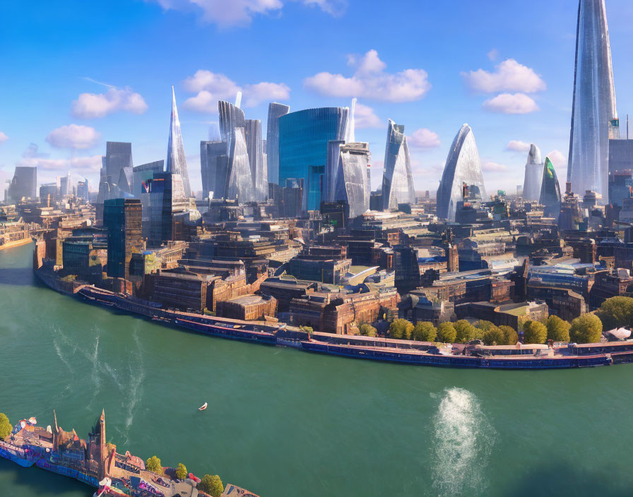 London skyline with The Shard and River Thames under clear blue sky