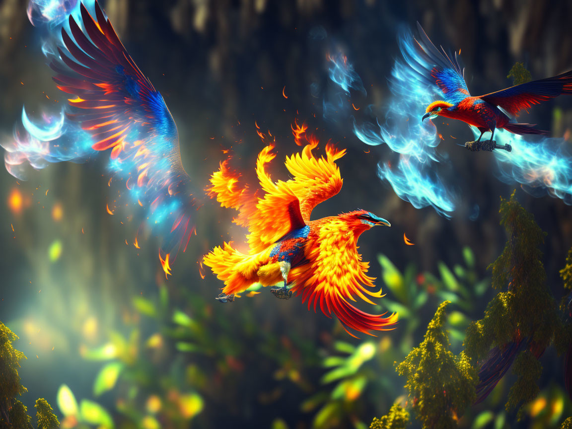 Mythical phoenixes flying amidst flames and blue energy in enchanted forest