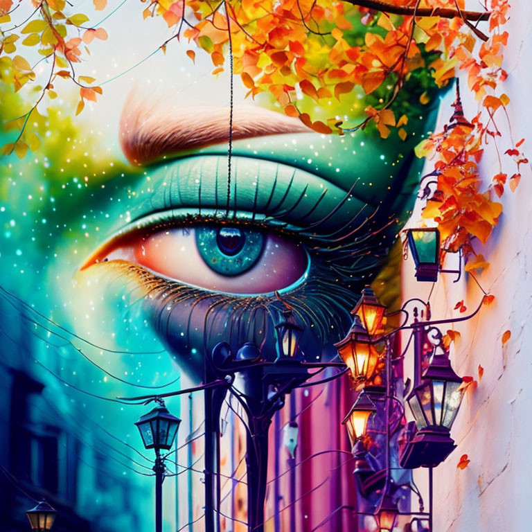 Eye mural with cosmic design, autumn leaves, and vintage lamps on colorful wall