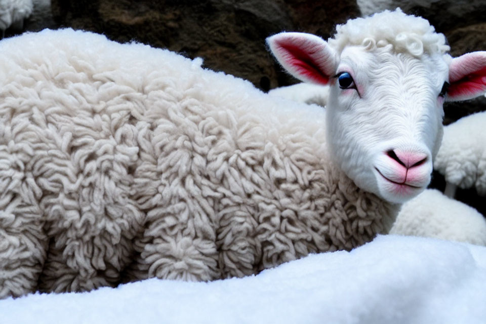 White sheep with thick woolly coat in snow, gentle expression captured.