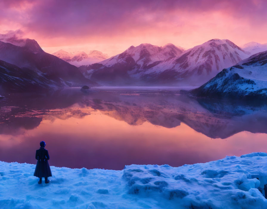 Snowy lakeshore at purple sunset with snowy mountains reflected