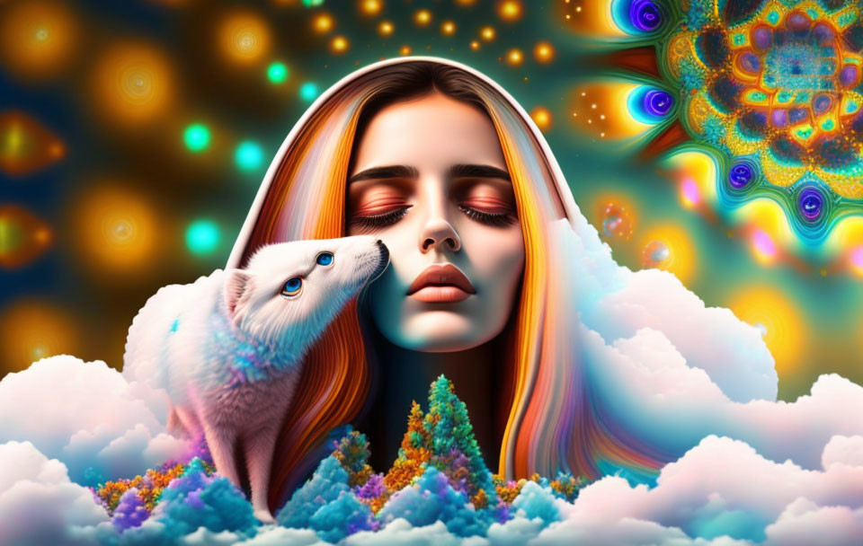 Surreal image of woman's face in clouds with white ferret on psychedelic background