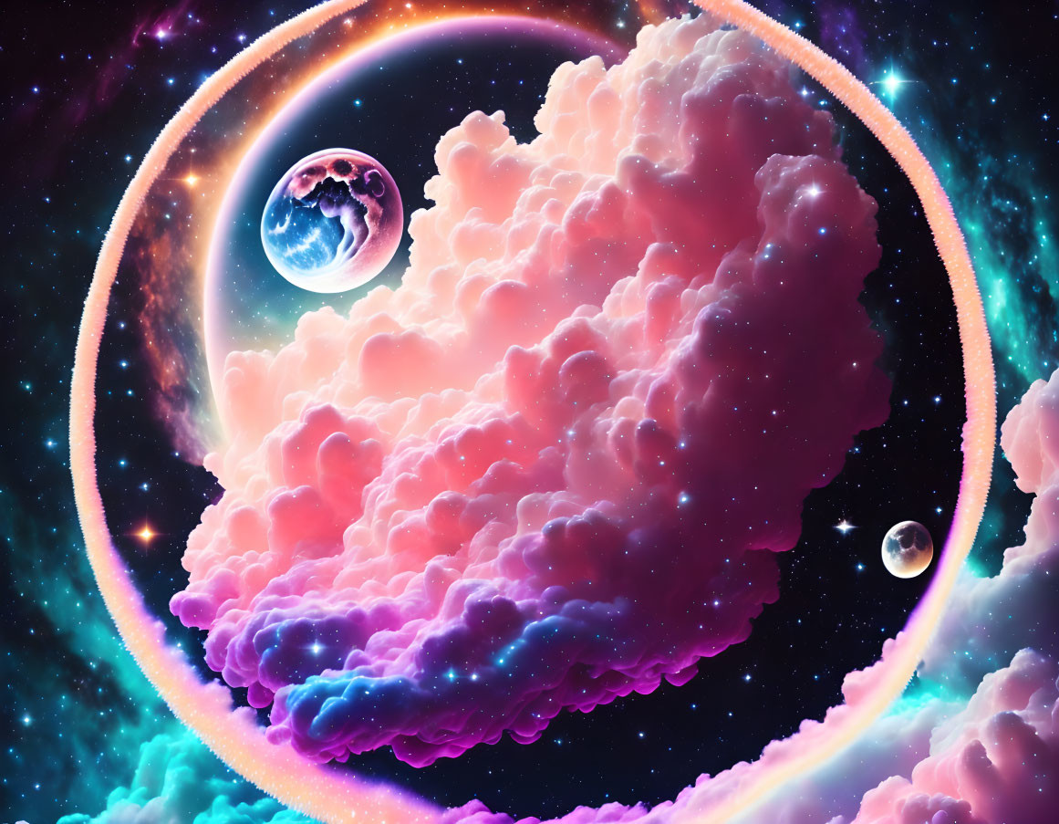 Colorful cosmic scene with neon pink cloud nebula, planets, and rainbow ring