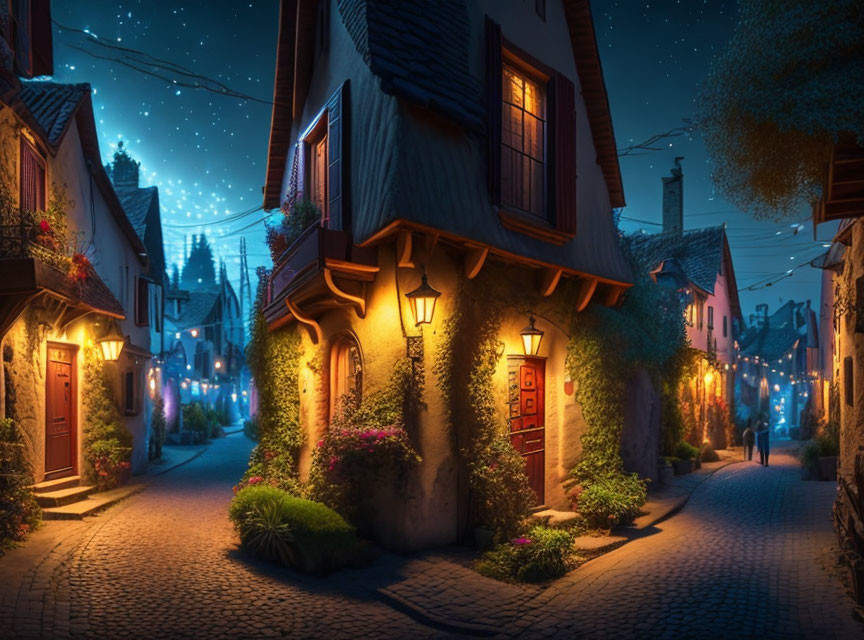 Charming Cobblestone Street Night Scene