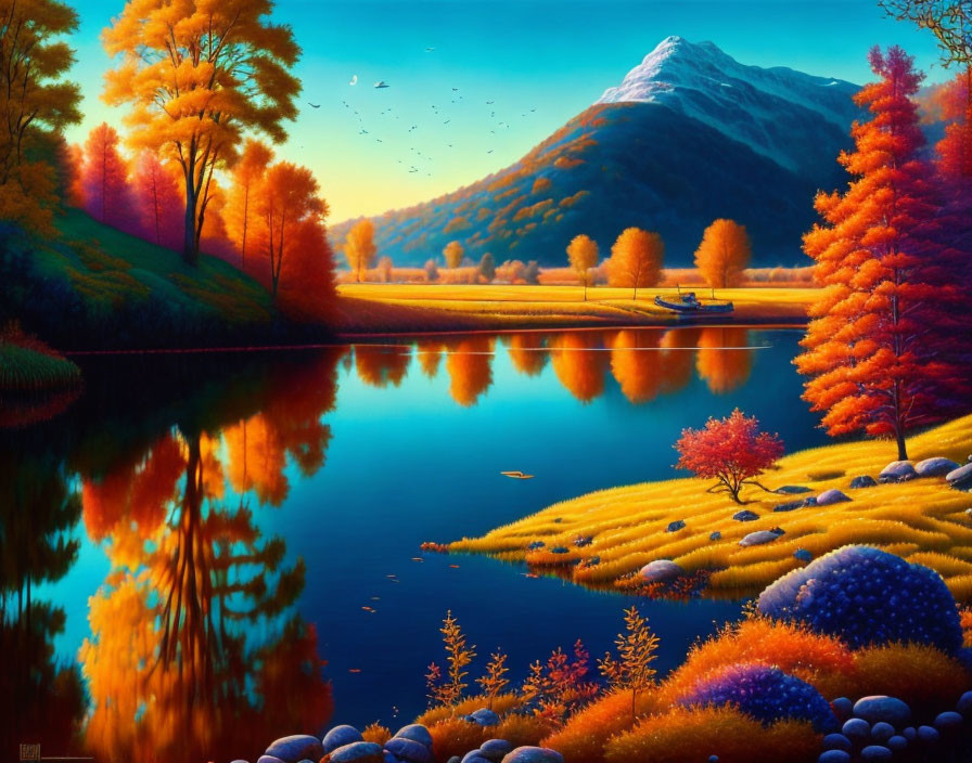 Scenic autumn landscape with colorful trees, lake reflection, mountain, boat, and birds