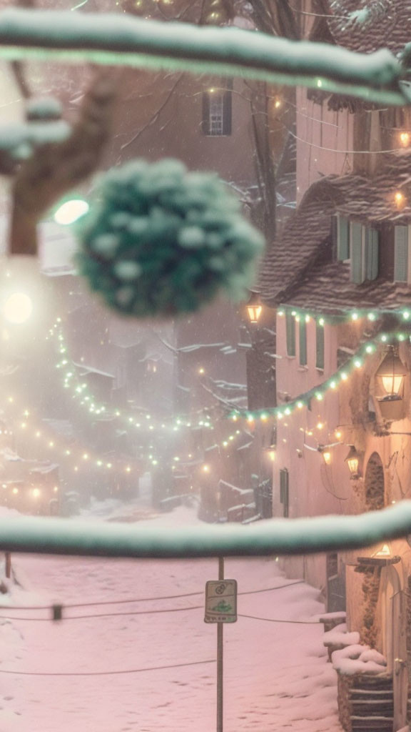 Snowy Street Decorated with String Lights and Snow-Covered Branch