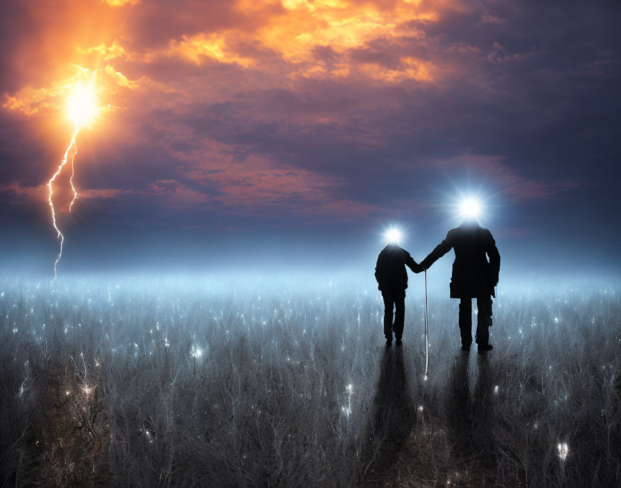 Silhouetted figures holding hands in mystical field with dramatic sky.