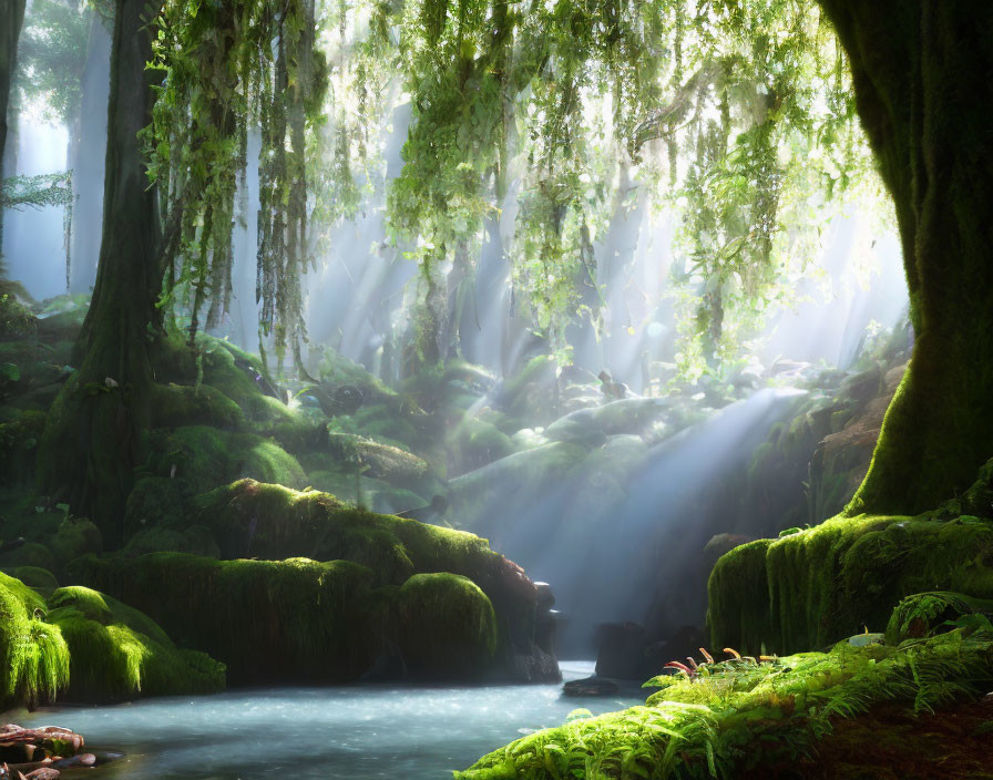 Misty forest canopy with sunbeams, moss-covered rocks, and tranquil stream