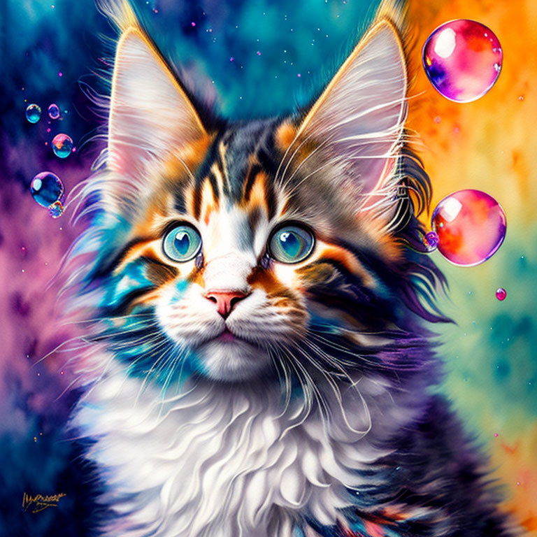 Fluffy Kitten with Blue Eyes in Cosmic Setting