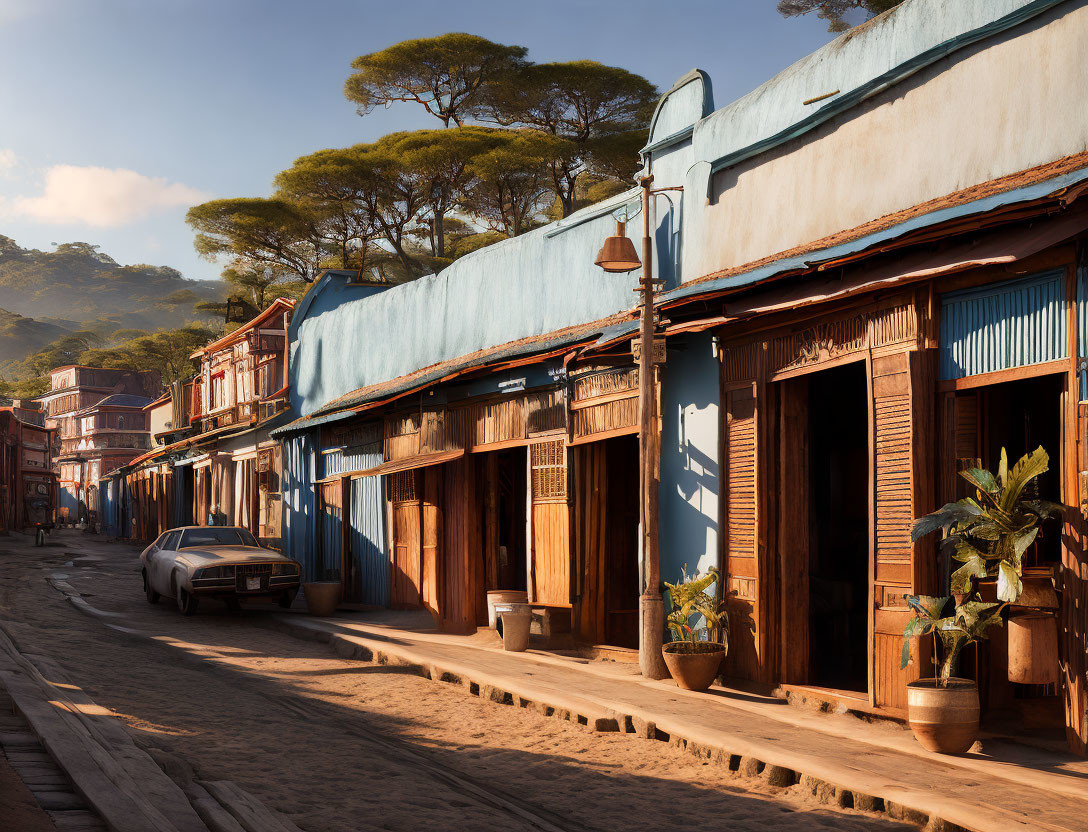 Vintage car parked on quaint street with rustic wooden buildings