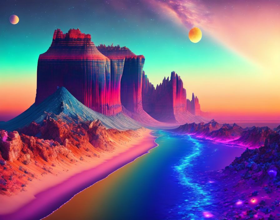 Vibrant surreal landscape with towering cliffs and glowing flora